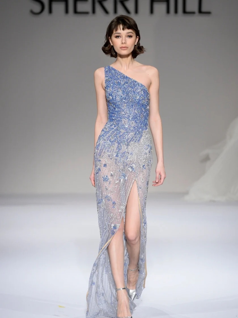 Sherri Hill One-Shoulder Beaded Gown in Light Blue and Silver